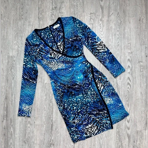 Calvin Klein Blue Aqua Print Bodycon Faux Wrap Dress Size 8 - Picture 3 of 9